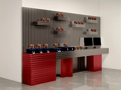 Modern Display Shelving Unit With Red Base Multi-tiered Racks And Counter Top Computers 3d model