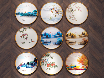 New Chinese Style Round Frame Painting Hanging Painting 3d model