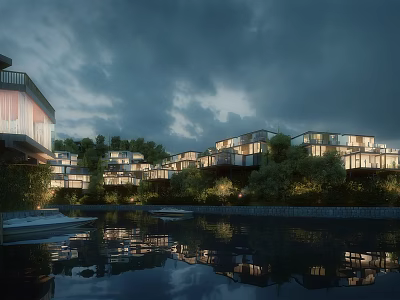 Detached Villa Waterfront Surrounded by Trees With Nighttime Lights and Reflections 3d model