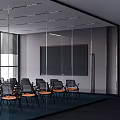 Modern Conference Room With Glass Walls Blinds Blackboard Orange Seats Blue Floor And Yellow Decorations