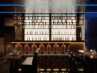 Stylish Bar Interior Featuring Wine Racks Counter Bar Stools And Ambient Lighting 3d model