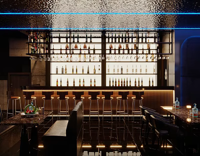 Stylish Bar Interior Featuring Wine Racks Counter Bar Stools And Ambient Lighting 3d model