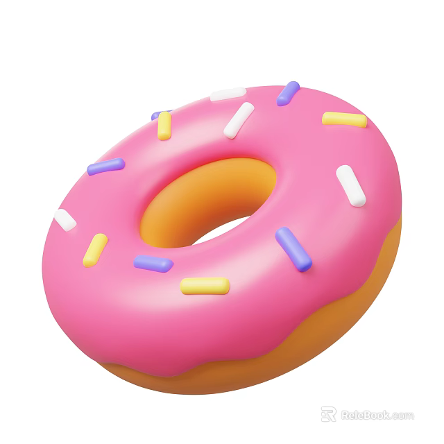 Appetizing Sweet Pink Frosted Donut With Colorful Yellow White Purple Sprinkles 3d model 
