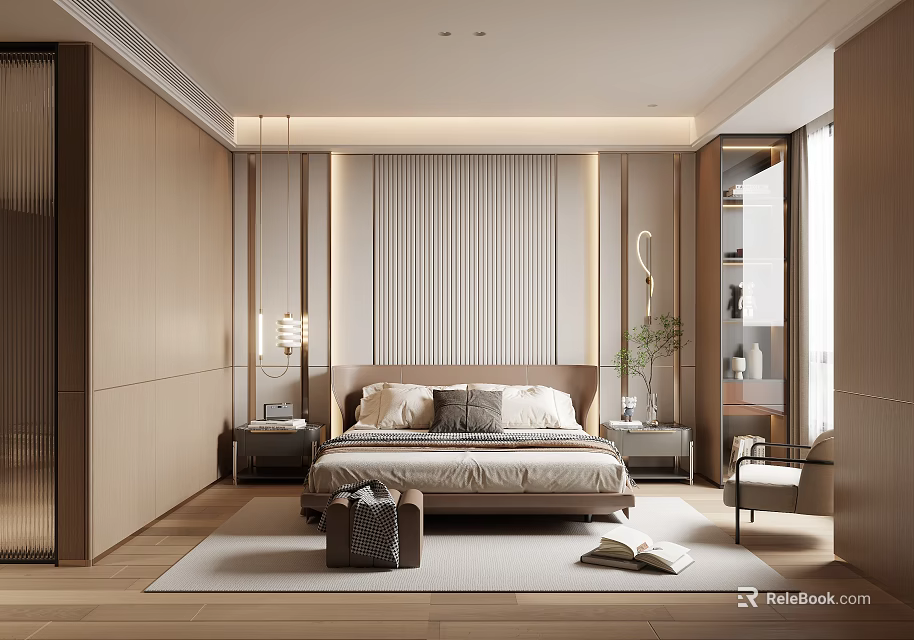 Modern Minimalist Bedroom Interior With Striped Headboard Nightstands Table Lamps Wooden Floor And Rug 3d model 