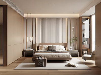 Modern Minimalist Bedroom Interior With Striped Headboard Nightstands Table Lamps Wooden Floor And Rug 3d model