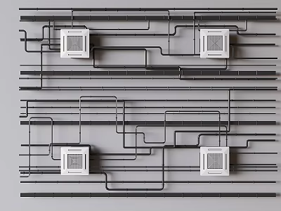Ceiling Structural Design With Black Pipes White Vents And Geometric Lines Layout 3d model