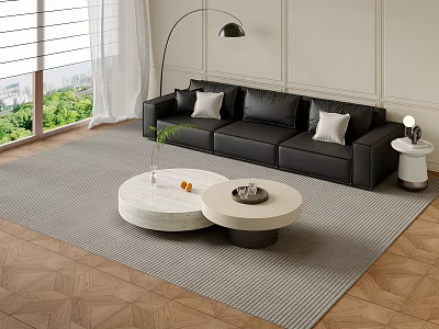 Modern Living Room Black Sofa Coffee Table Set With Marble Top Pillows And Floor Lamp 3d model