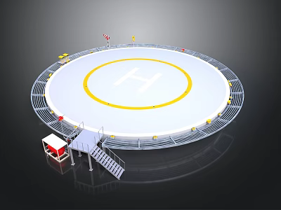 Circular Helipad With Yellow Circle H Marking Railing Staircase And Control Booth 3d model