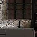 Modern Kitchen Cabinets With Elegant Marble Backsplash And Dark Wood Design 3d model