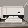 Modern Minimalist Bedroom With Wooden Floor White Wardrobe Black White Painting And Area Rug