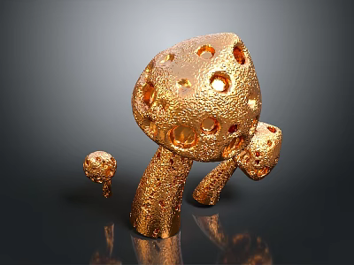Three Decorative Golden Mushrooms with Textured Surface and Holes on Dark Background 3d model