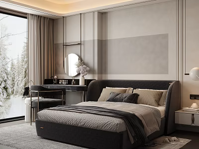 Modern Bedroom Interior With Large Bed Nightstand Window Curtains And Dressing Table 3d model