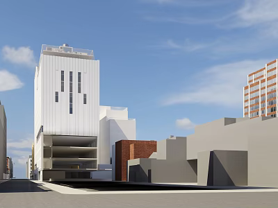 Modern White High Rise Building And Red Brick Structures In Urban Street View 3d model