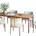 Stylish Dining Table Set with Six Wicker Back Chairs and Potted Plant 3d model