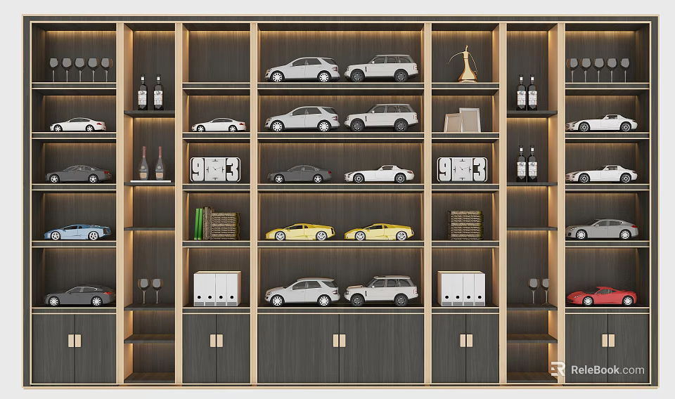 Modern Decorative Cabinet with Multiple Shelves Toy Car Models Wine Bottles Books and Decorative Items 3d model 