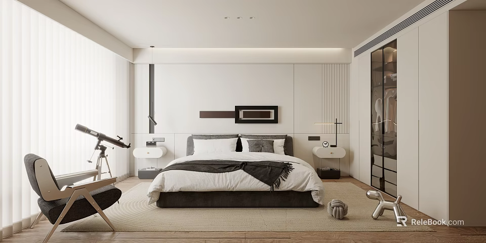 Modern Bedroom Interior Design With Large Bed Built-in Cabinetry Nightstands Table Lamps And Area Rug 3d model 