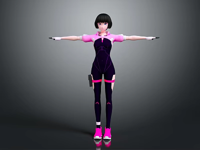 Futuristic Female Character With Short Hair Wearing Pink And Purple Fitted Outfit And Outstretched Arms 3d model