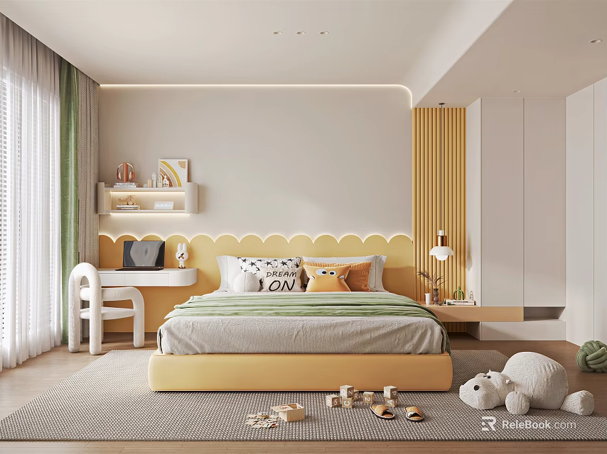 Kids Bedroom Interior With Yellow Wave Headboard Bed Desk Chair Stuffed Toys And Rug 3d model 