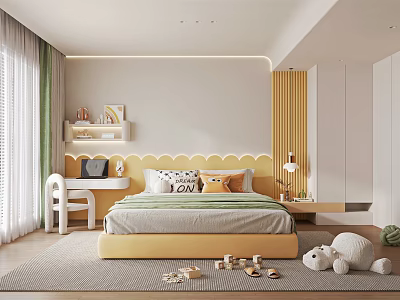 Kids Bedroom Interior With Yellow Wave Headboard Bed Desk Chair Stuffed Toys And Rug 3d model