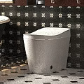 Elegant Bathroom Interior With White Toilet Bathtub And Dark Floral Tile Wall