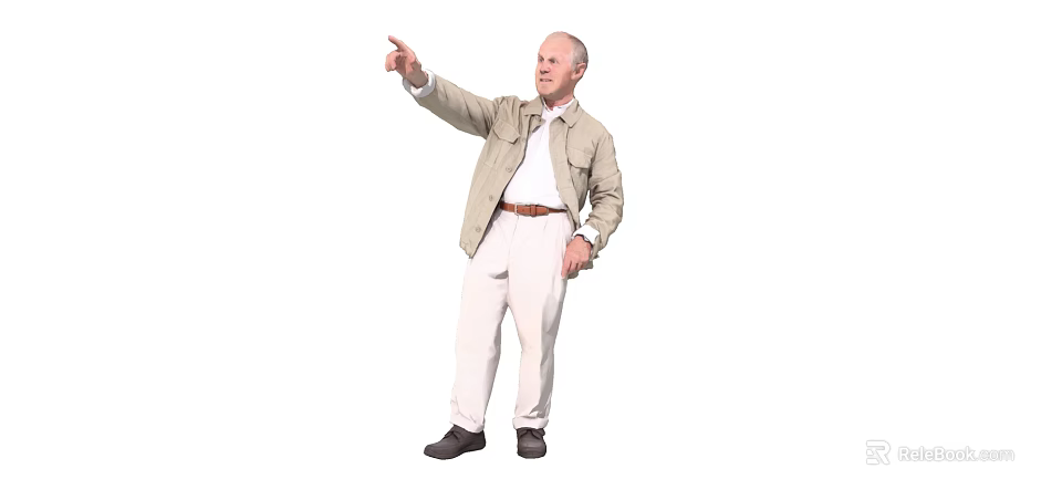 Mature Man Standing Pointing With Right Hand Wearing Beige Jacket White Pants And Black Shoes 3d model 