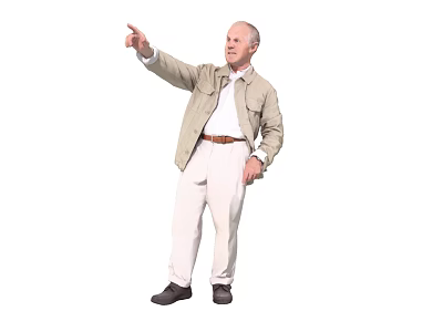 Mature Man Standing Pointing With Right Hand Wearing Beige Jacket White Pants And Black Shoes 3d model