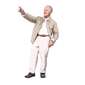 Mature Man Standing Pointing With Right Hand Wearing Beige Jacket White Pants And Black Shoes