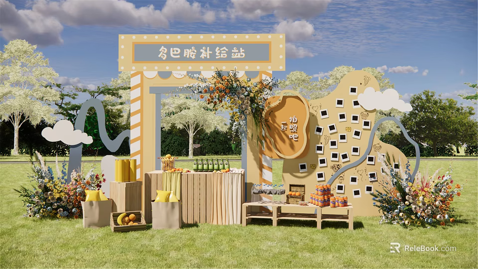 Hubana Outdoor Supply Station With Flower Arrangements Fruits Drinks Wooden Crates And Photo Wall 3d model 