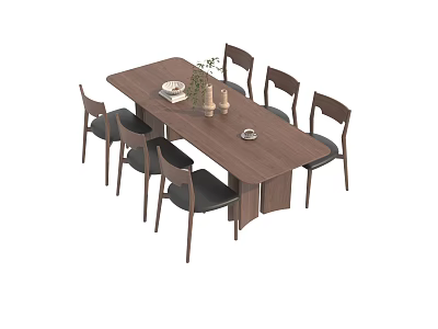 Walnut Dining Table Set With Six Wooden Chairs And Decorative Centerpiece 3d model