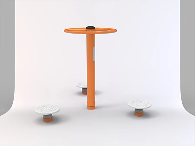 Orange Fitness Equipment With Central Pole Rotating Disc And Three White Grid Like Foot Pedals 3d model