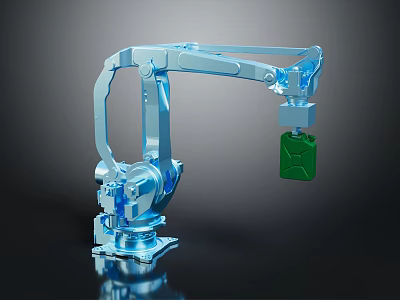 Blue Robotic Arm Equipment Grasping Green Block In Industrial Application 3d model