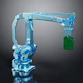 Blue Robotic Arm Equipment Grasping Green Block In Industrial Application