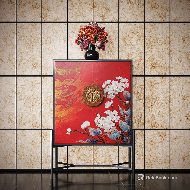 Red Entryway Console Cabinet With Floral Pattern And Vase On Tile Wall Background 3d model 