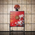Red Entryway Console Cabinet With Floral Pattern And Vase On Tile Wall Background