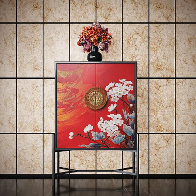 Red Entryway Console Cabinet With Floral Pattern And Vase On Tile Wall Background 3d model