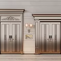 Decorative Double Doors With Ornate Designs In Stone Wall Featuring Elegant Frames And Wall Sconce 3d model