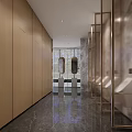 Spacious Modern Luxury Public Toilet With Wooden Cabinets Marble Walls Gold Partitions Washbasins And Mirrors
