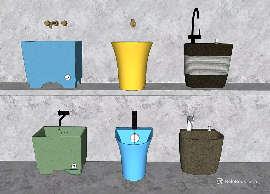 Stylish Colorful Washbasins With Different Styles And Faucets Displayed On Shelves 3d model 