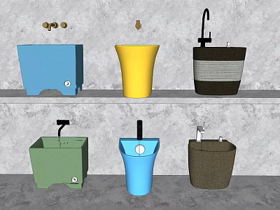 Stylish Colorful Washbasins With Different Styles And Faucets Displayed On Shelves 3d model