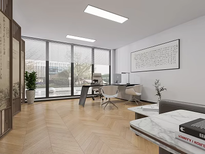 Modern Office With Large Windows Blinds Herringbone Wood Floors Desk Sofa Calligraphy Painting And Plant 3d model