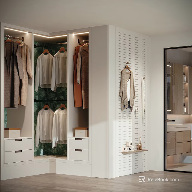 Organized Walk in Closet Interior Design With Green Panel White Drawers And Hanging Clothes 3d model 