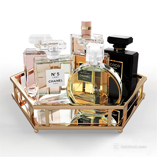 Luxurious Chanel Perfume Bottles in Gold Tray with Various Designs 3d model 