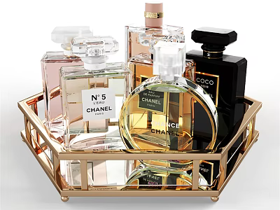 Luxurious Chanel Perfume Bottles in Gold Tray with Various Designs 3d model