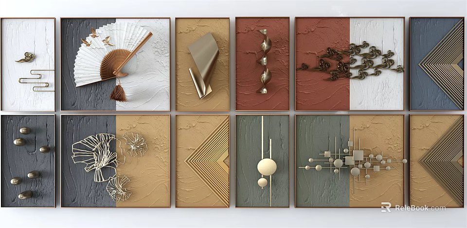 Modern Decorative Paintings Featuring Abstract Sculptures Fans And Geometric Patterns 3d model