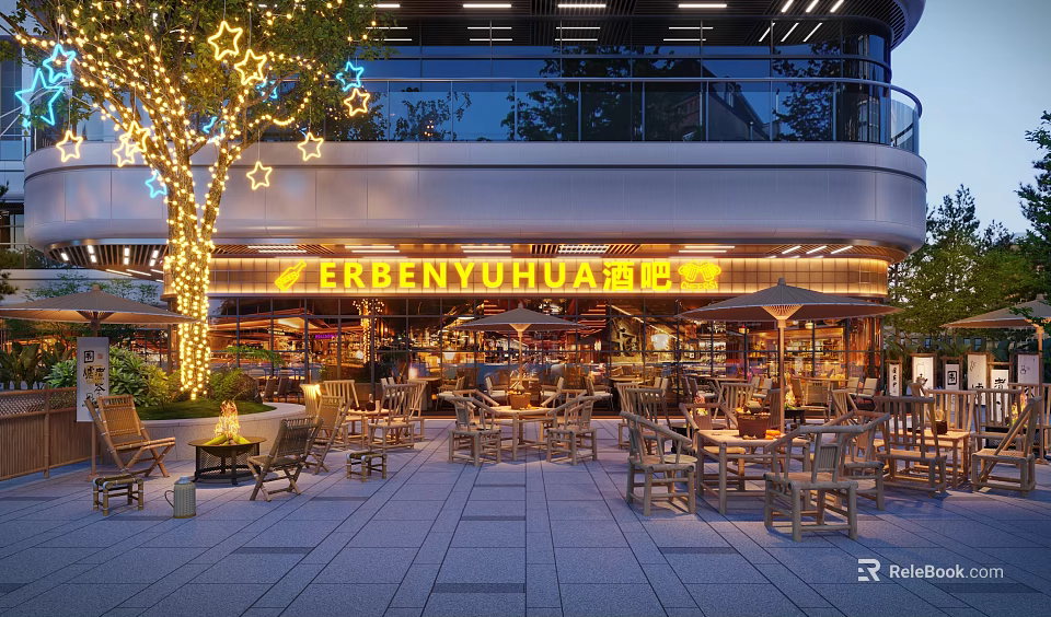 Modern Outdoor Teahouse With Decorative Lights Trees And Tables Chairs 3d model 