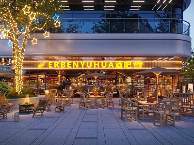 Modern Outdoor Teahouse With Decorative Lights Trees And Tables Chairs 3d model