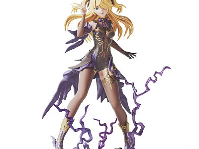 Anime Style Doll With Long Blonde Hair Purple Outfit And Decorative Purple Streamers 3d model