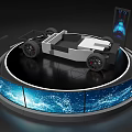 Circular Display Shelf With Illuminated Blue Screens And Modern Showcase Structure