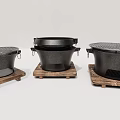 Three Cast Iron Kitchen Appliances With Wooden Base And Mesh Grills For Home Cooking