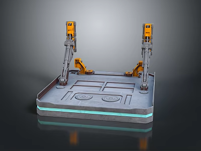 Mechanical Gate Design Featuring Yellow Mechanical Arms Gray Platform Blue Illuminated Stripes And Surface Patterns 3d model